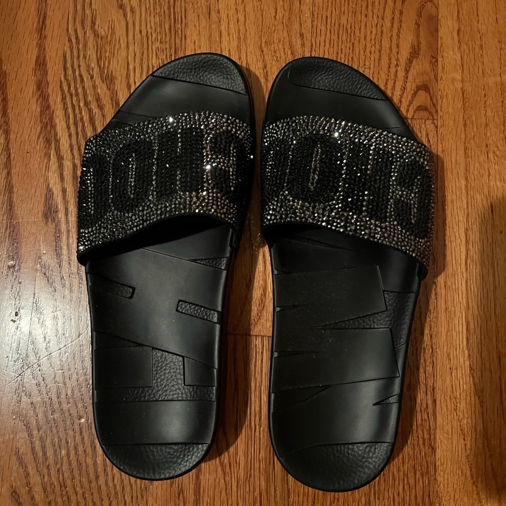 Women's Jimmy Choo Rey Crystal Embellished Logo Slide Sandals Size 7